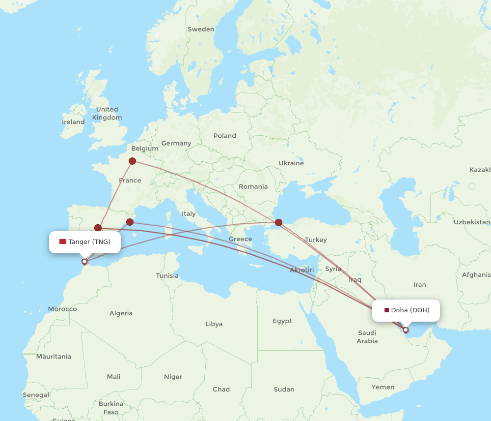 DOH-TNG flight routes