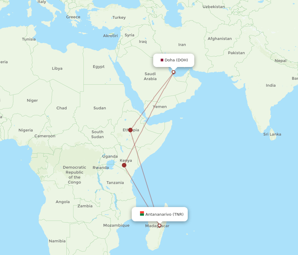 DOH to TNR flights and routes map