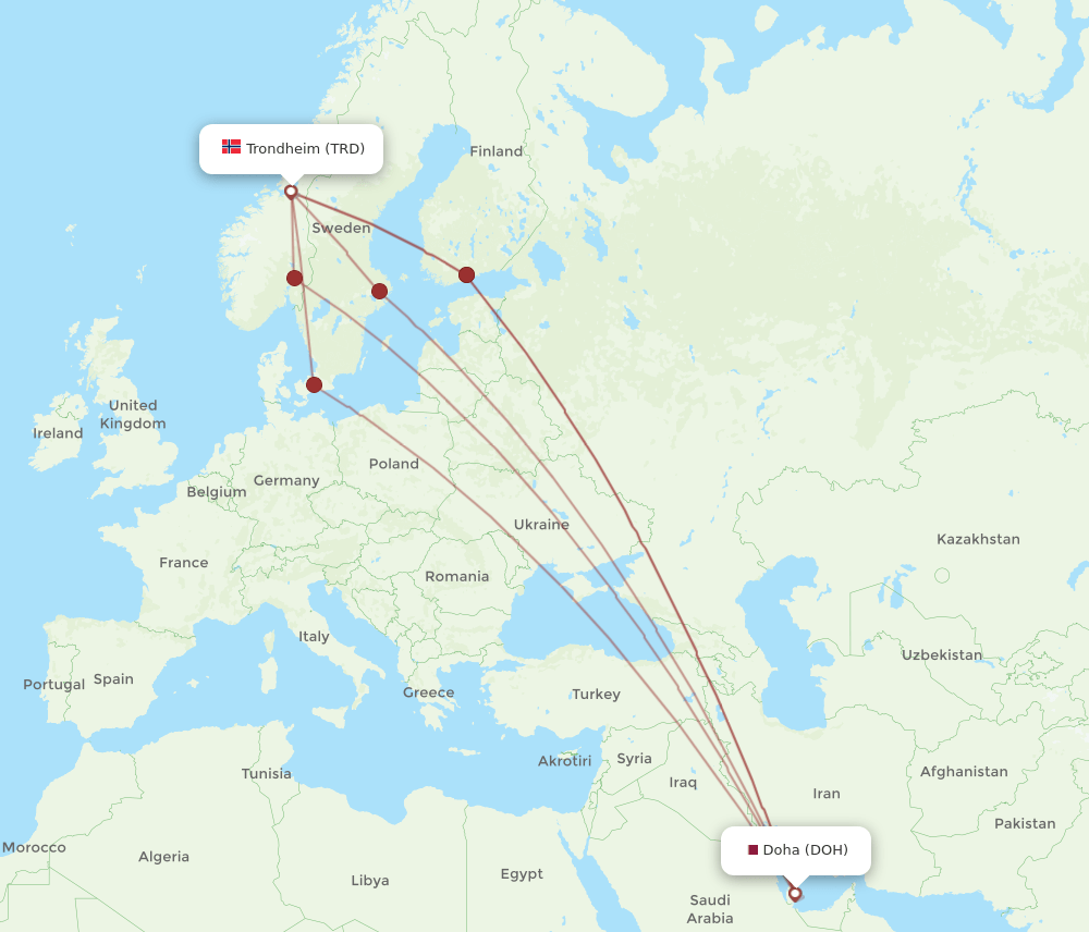 DOH to TRD flights and routes map