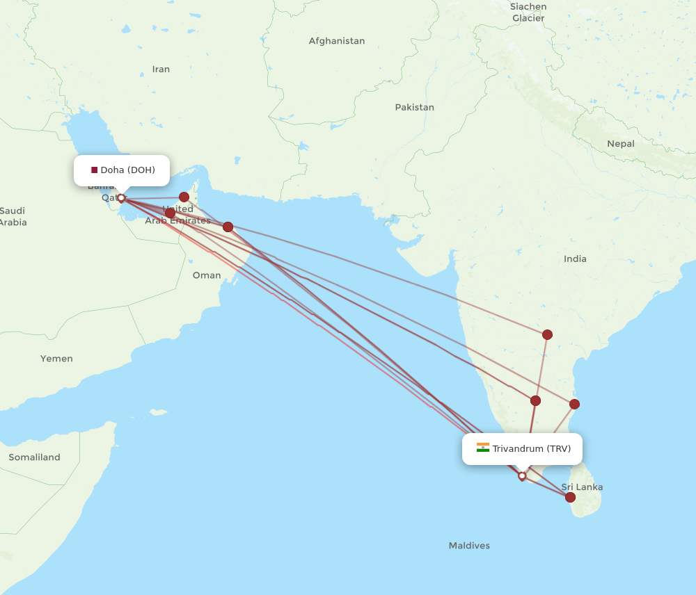 DOH-TRV flight routes