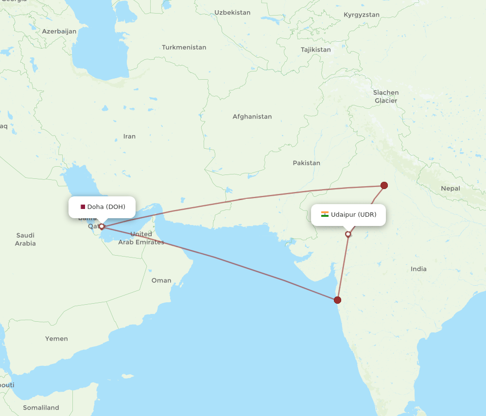 DOH to UDR flights and routes map