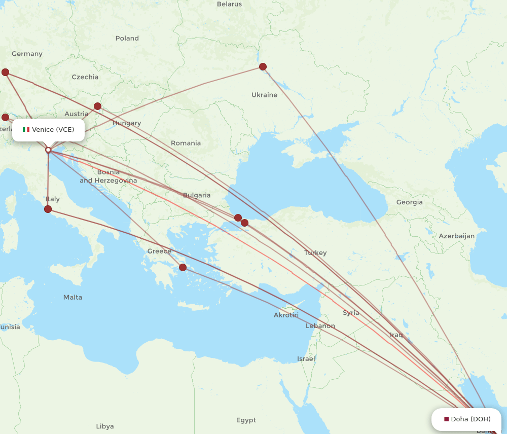 DOH to VCE flights and routes map