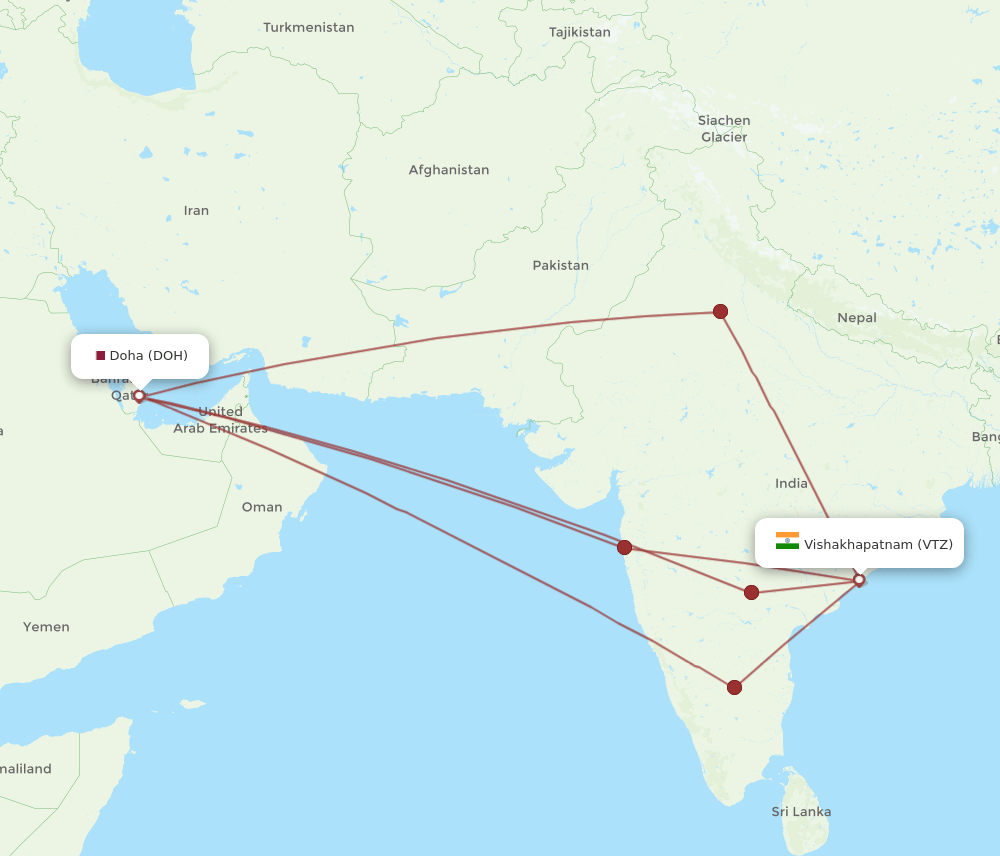 DOH to VTZ flights and routes map