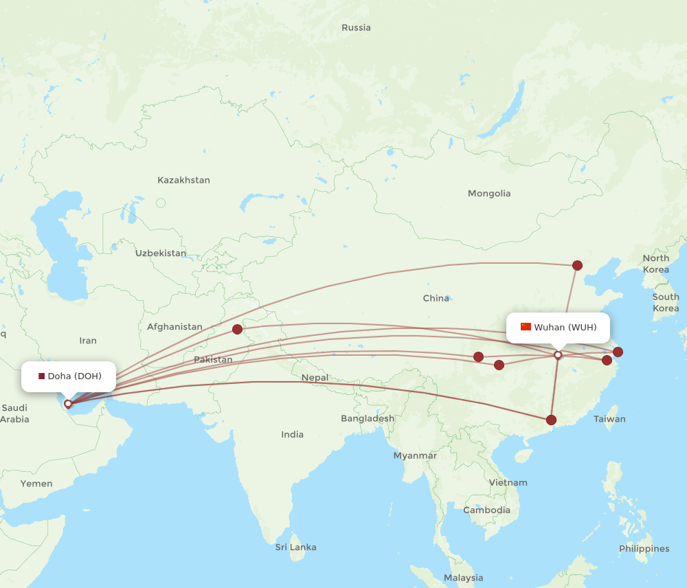 DOH to WUH flights and routes map
