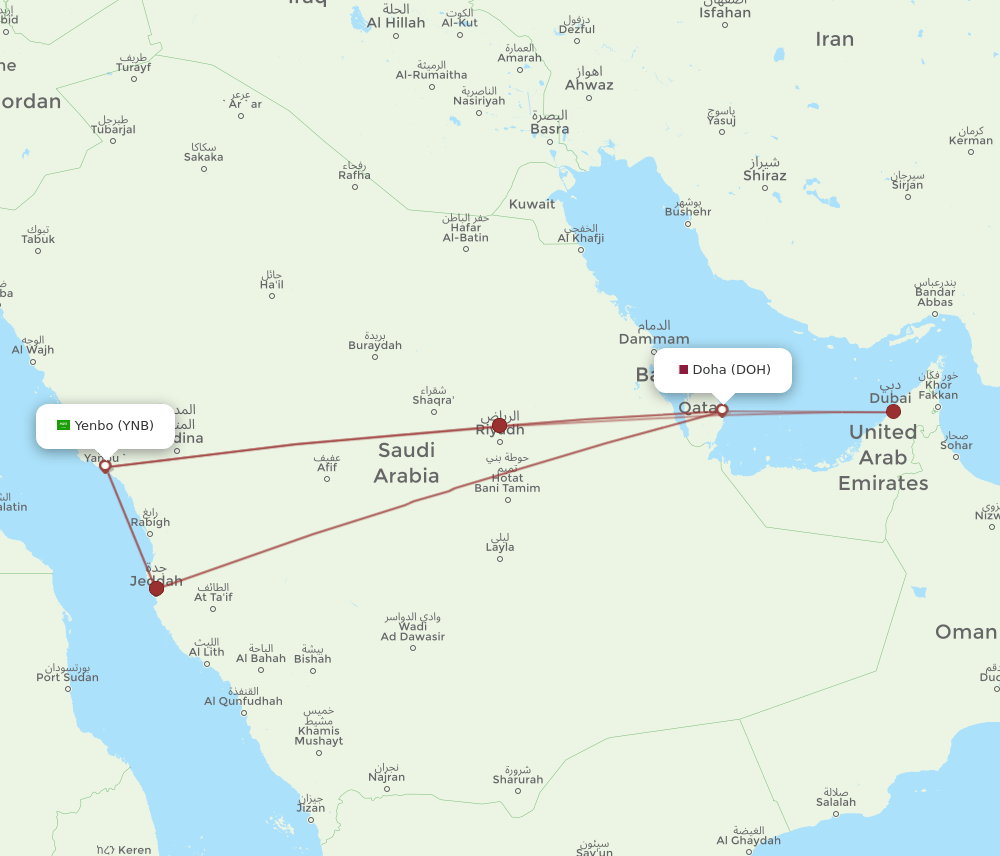 DOH to YNB flights and routes map