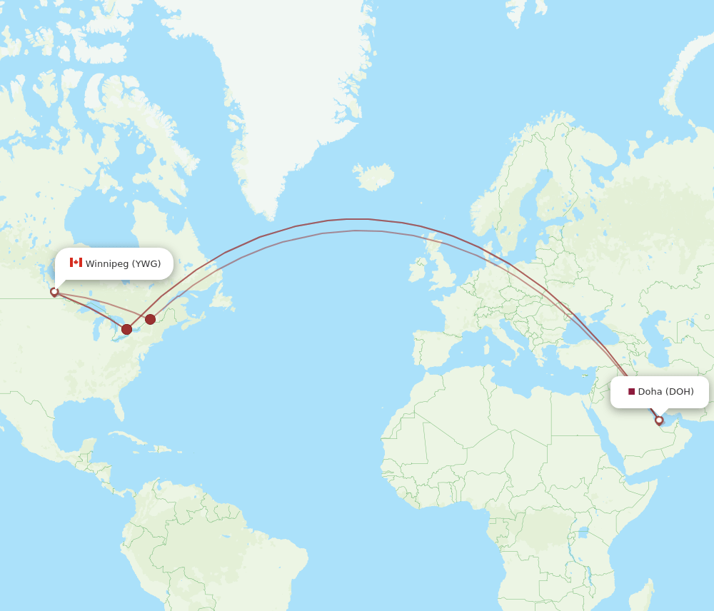 YWG to DOH flights and routes map