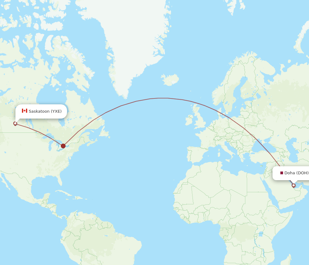 YXE to DOH flights and routes map