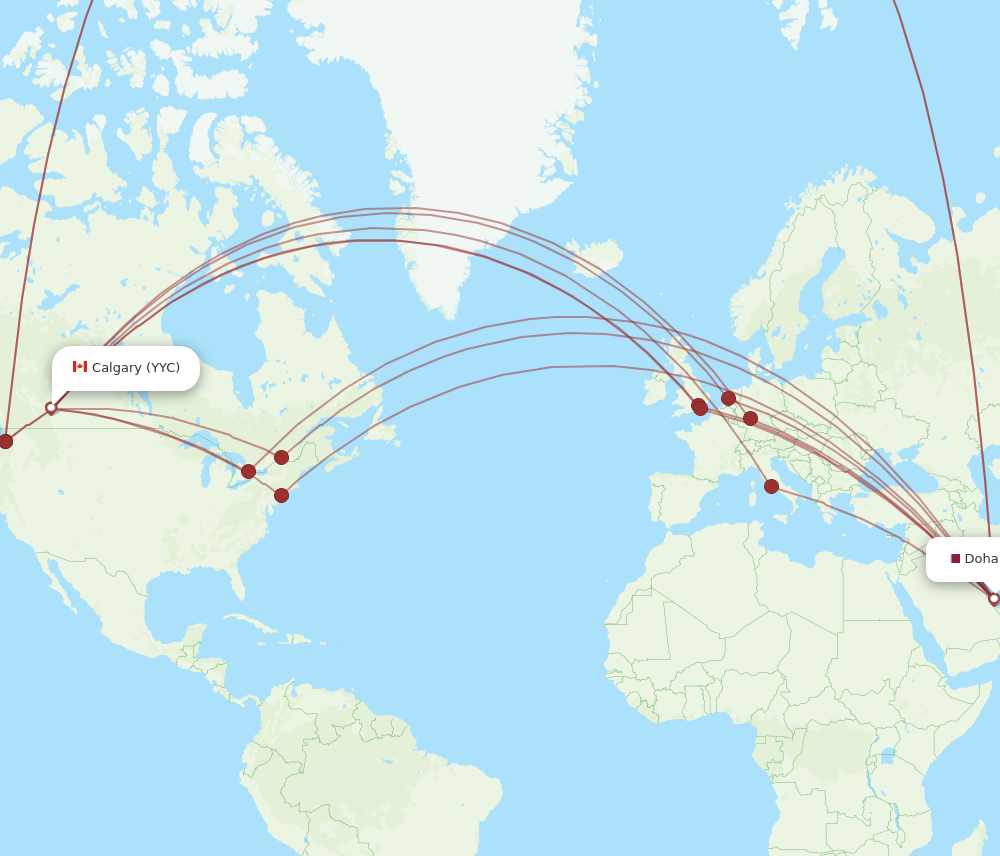 YYC to DOH flights and routes map