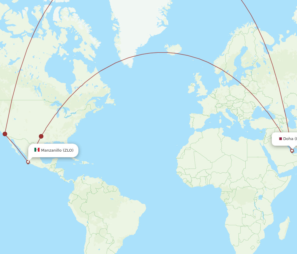 Manzanillo - Doha route map and flight paths