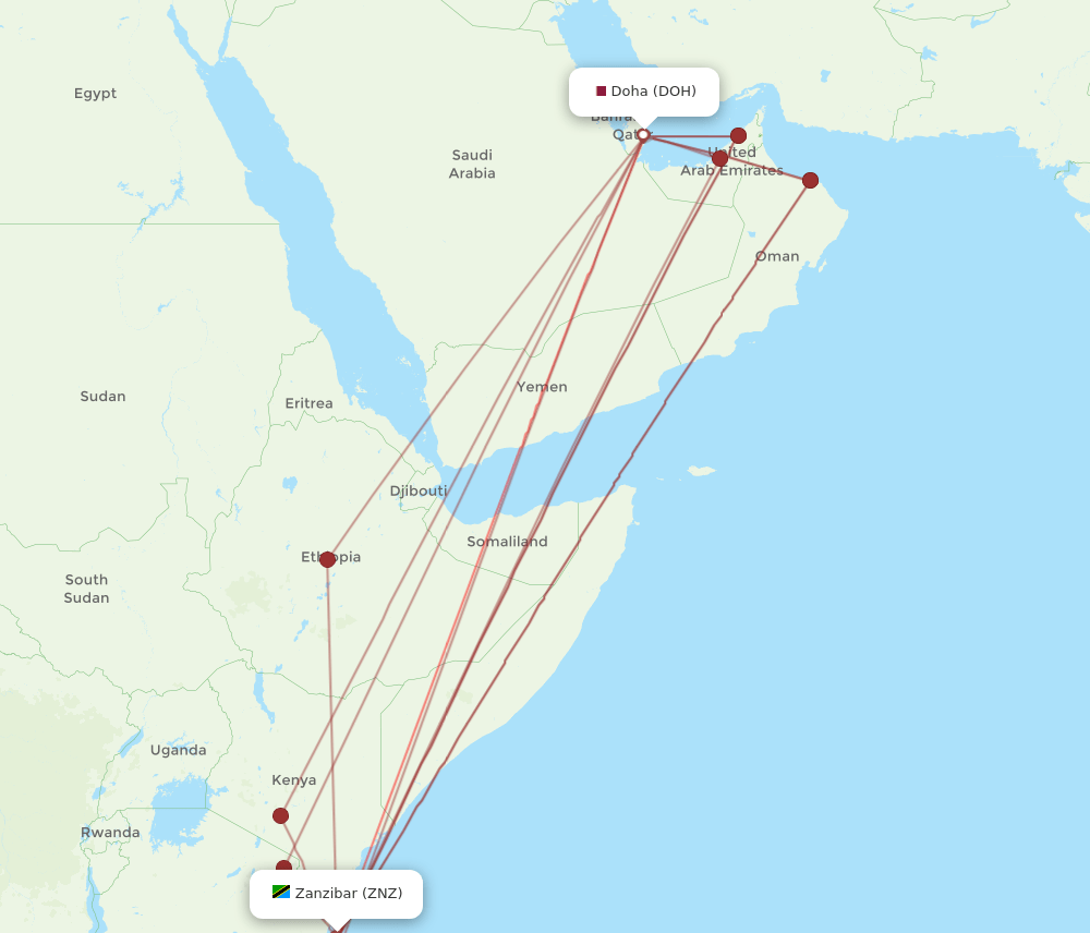 DOH-ZNZ flight routes