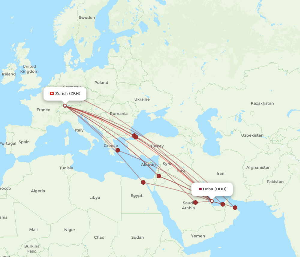 DOH-ZRH flight routes