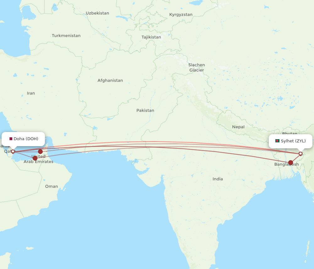 DOH to ZYL flights and routes map