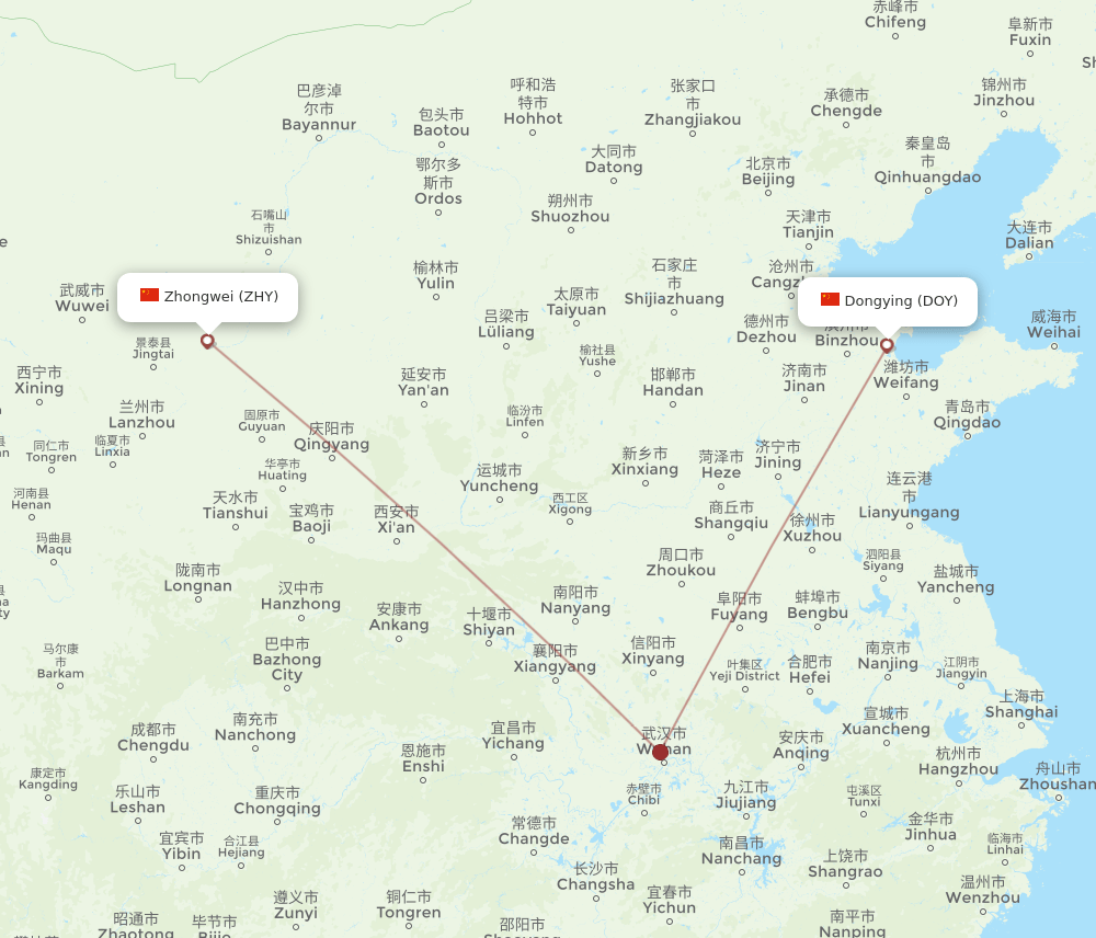 Dongying - Zhongwei route map and flight paths
