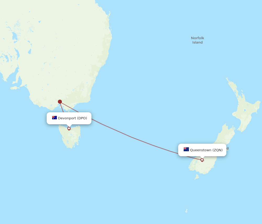 Queenstown - Devonport route map and flight paths