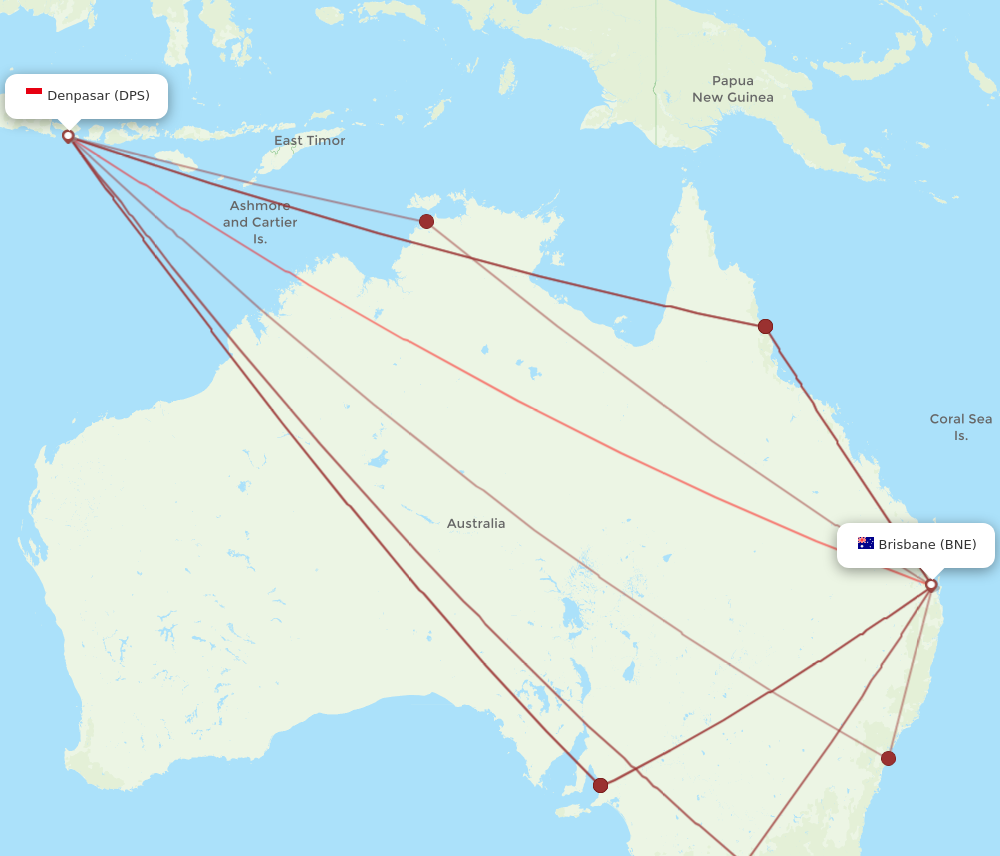 DPS to BNE flights and routes map