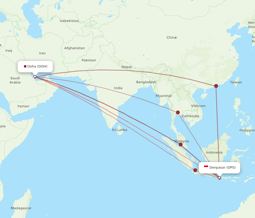 DPS to DOH flights and routes map