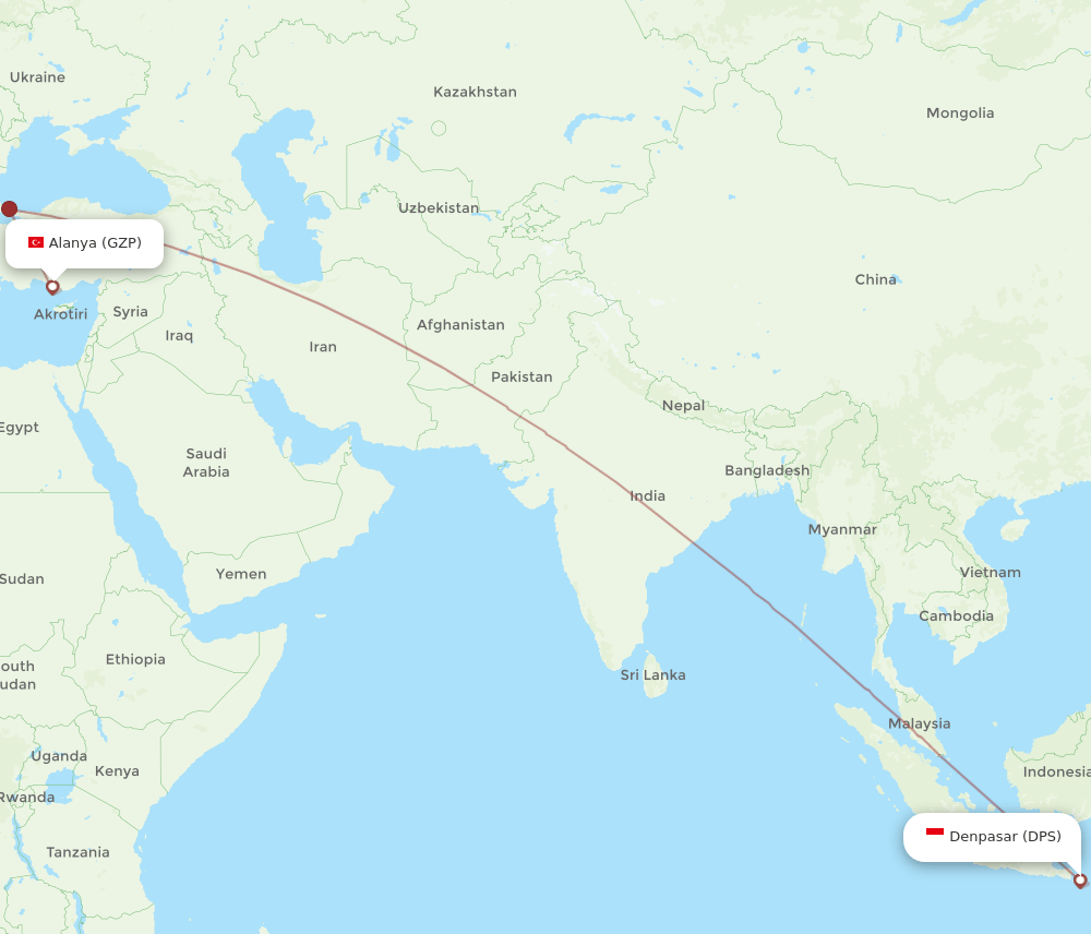 DPS to GZP flights and routes map
