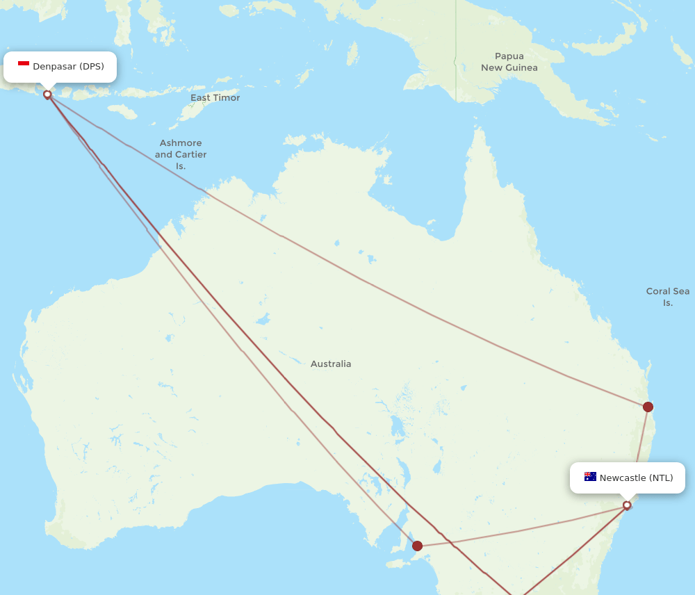 DPS to NTL flights and routes map