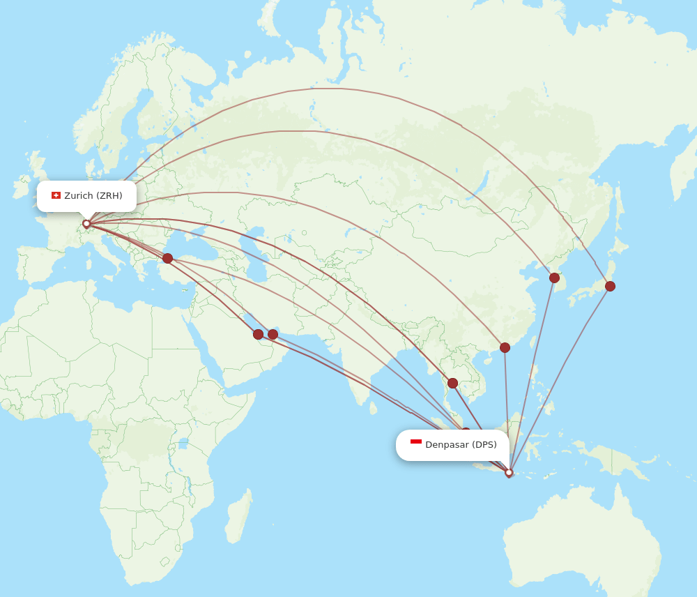 Zurich - Denpasar route map and flight paths