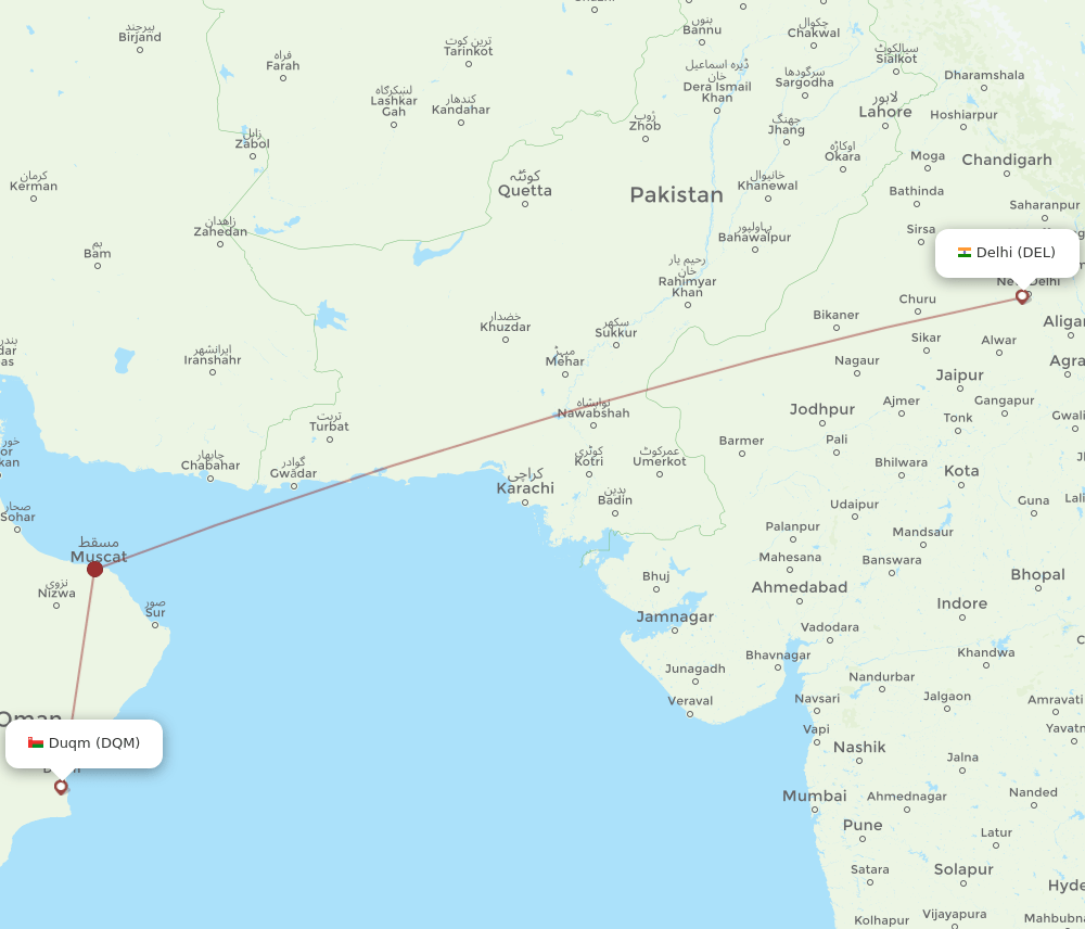 Duqm - Delhi route map and flight paths
