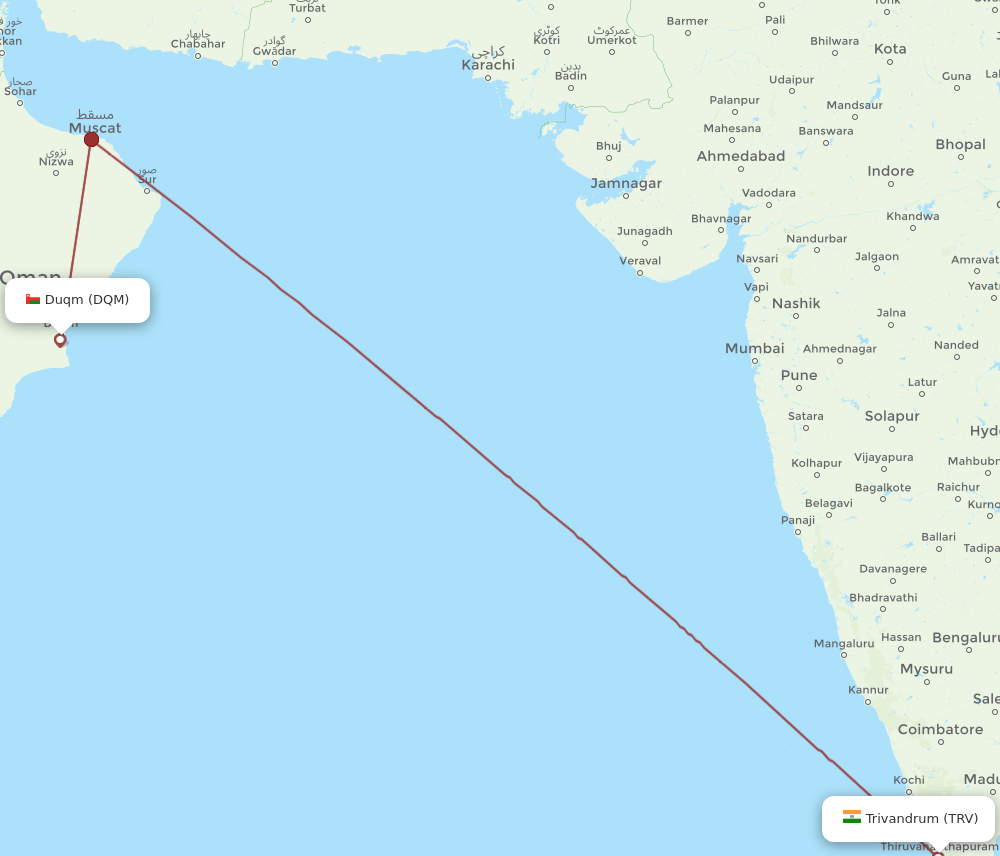 Thiruvananthapuram - Duqm route map and flight paths