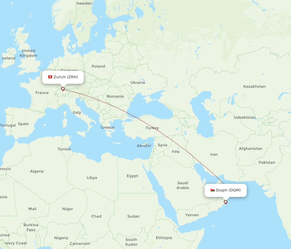Zurich - Duqm route map and flight paths