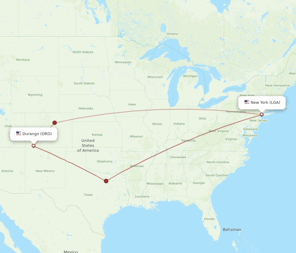 DRO to LGA flights and routes map