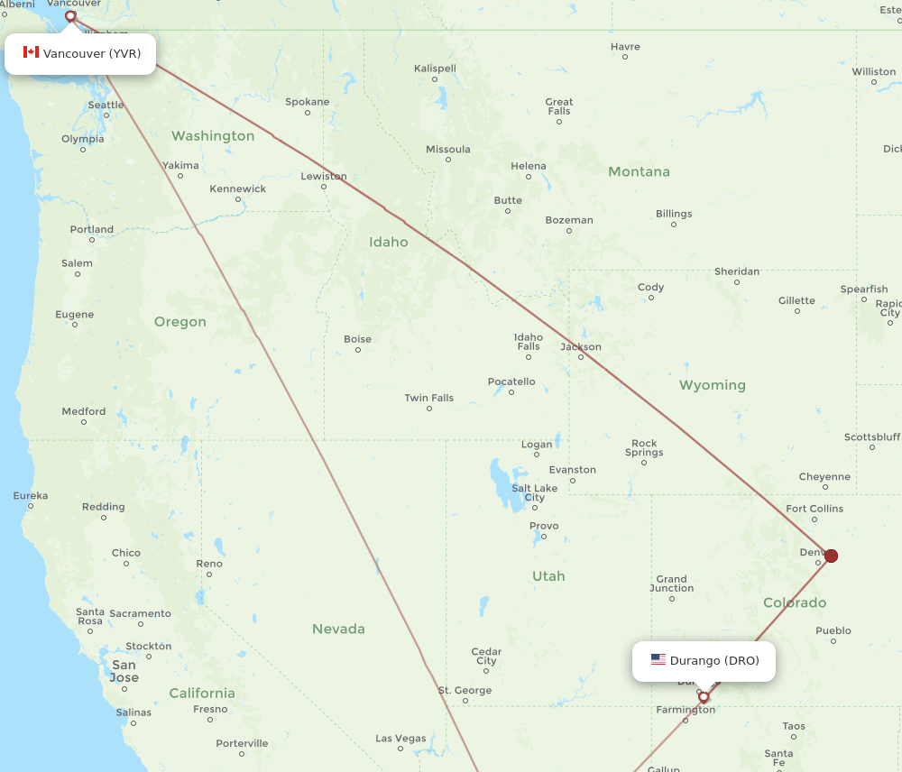 Vancouver - Durango route map and flight paths