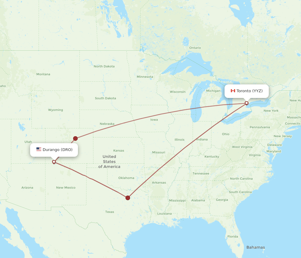 Toronto - Durango route map and flight paths