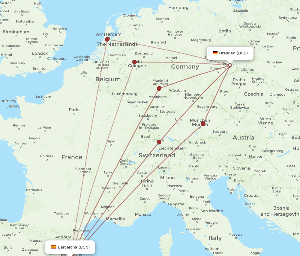 DRS to BCN flights and routes map