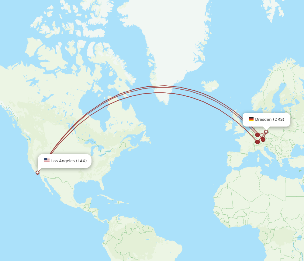 DRS to LAX flights and routes map