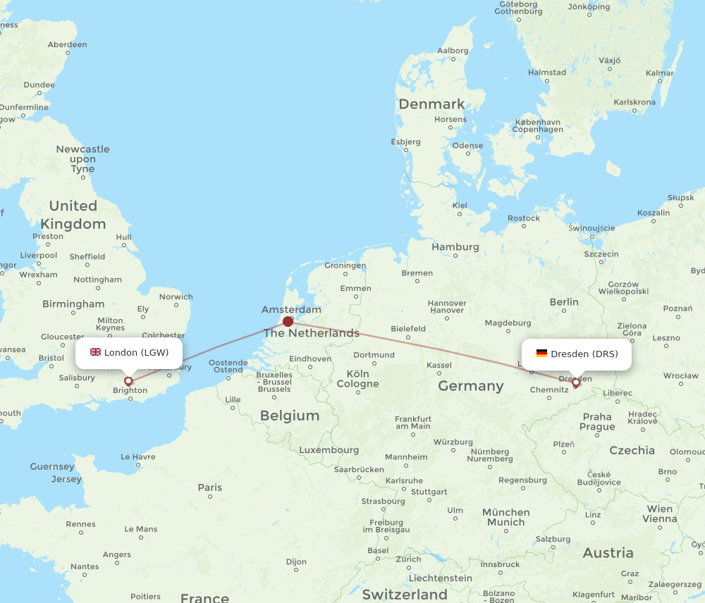 Dresden - London route map and flight paths