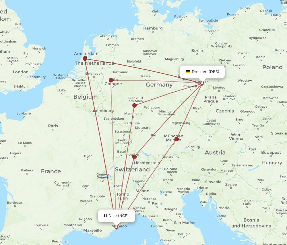 DRS to NCE flights and routes map