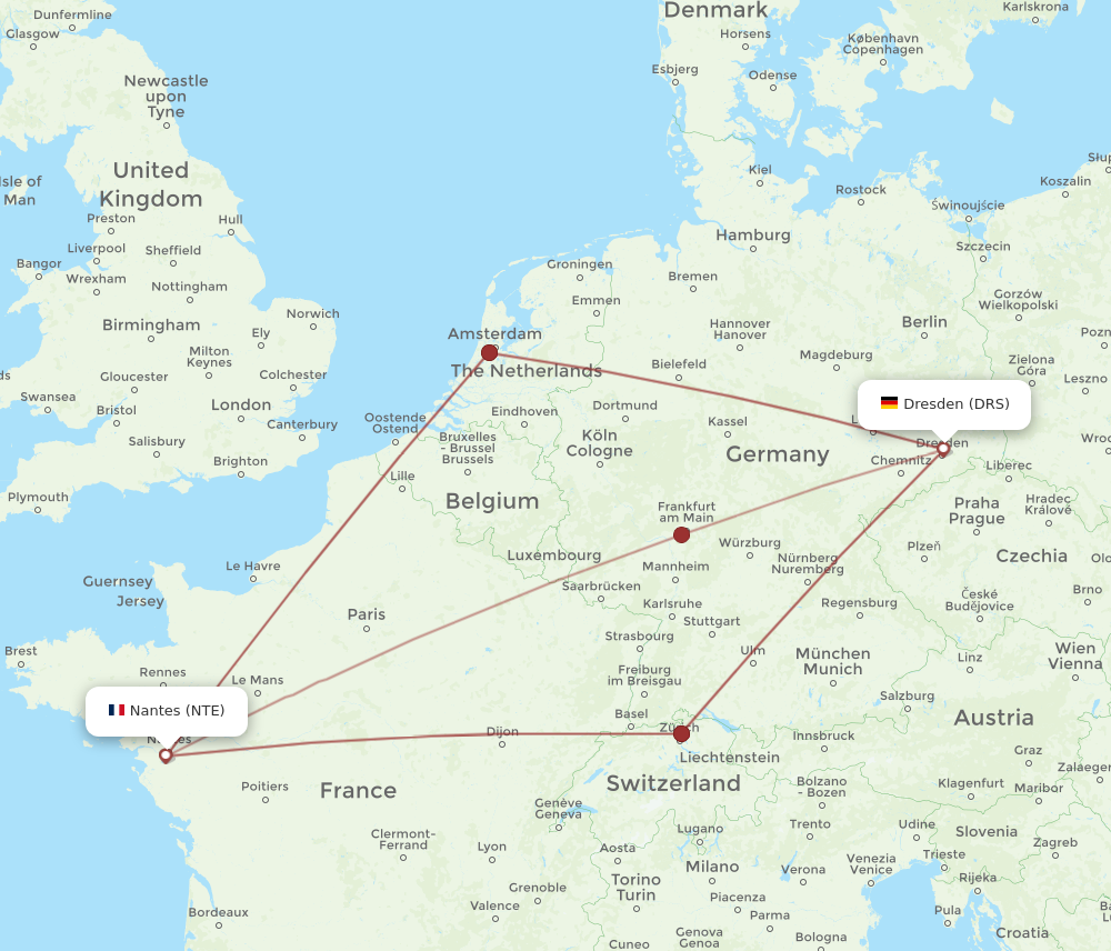 DRS to NTE flights and routes map