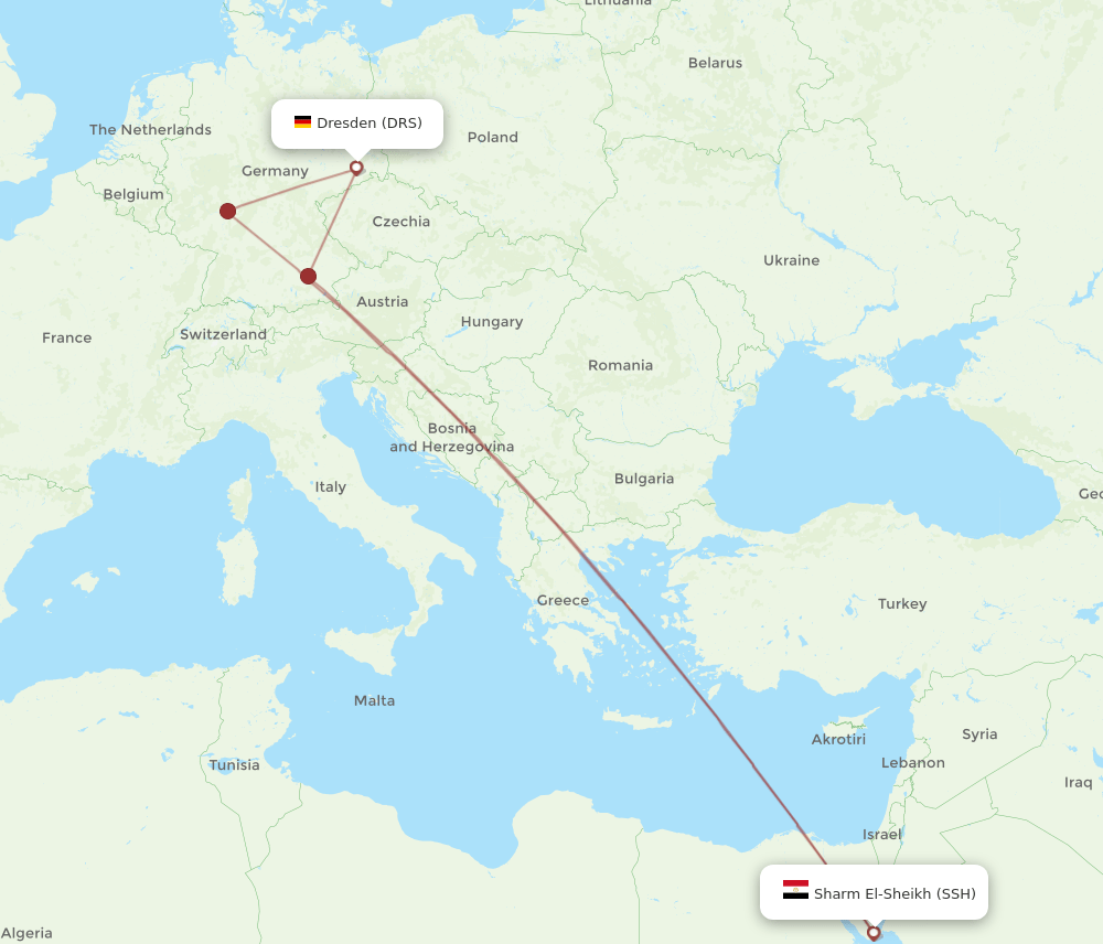 Dresden - Sharm el Sheikh route map and flight paths