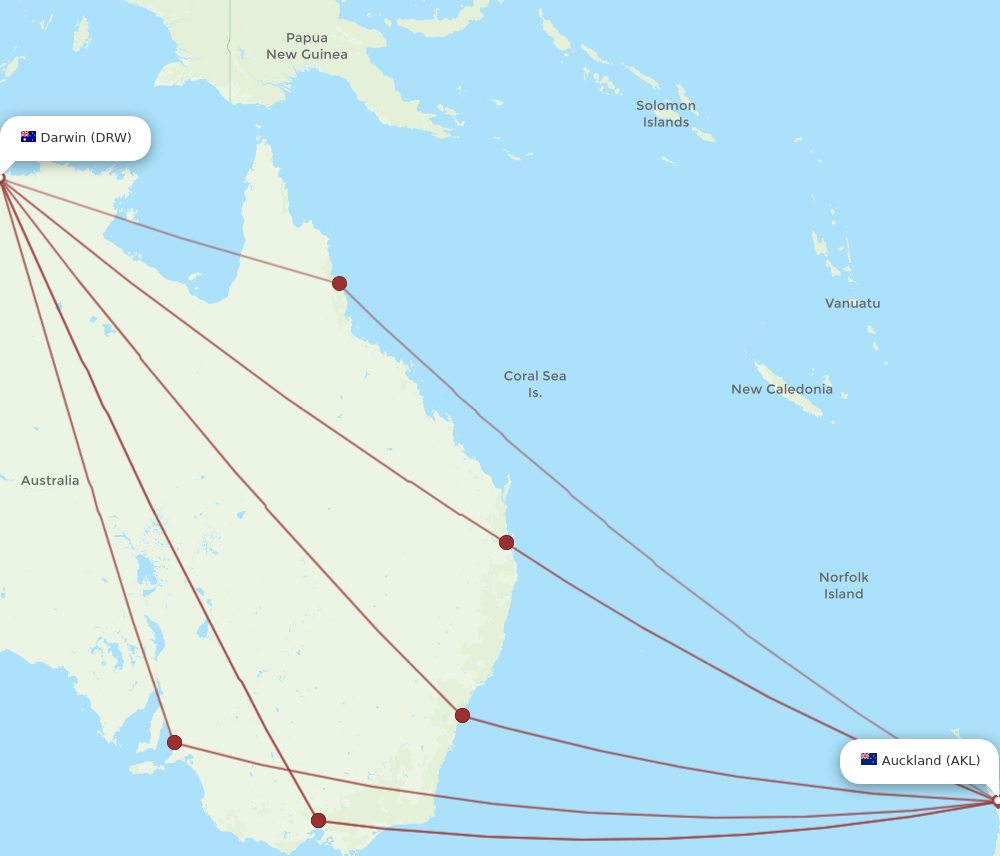 DRW-AKL flight routes