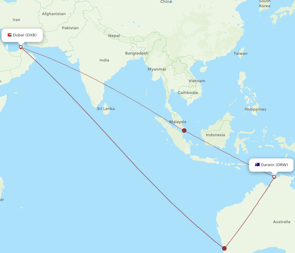 DRW to DXB flights and routes map