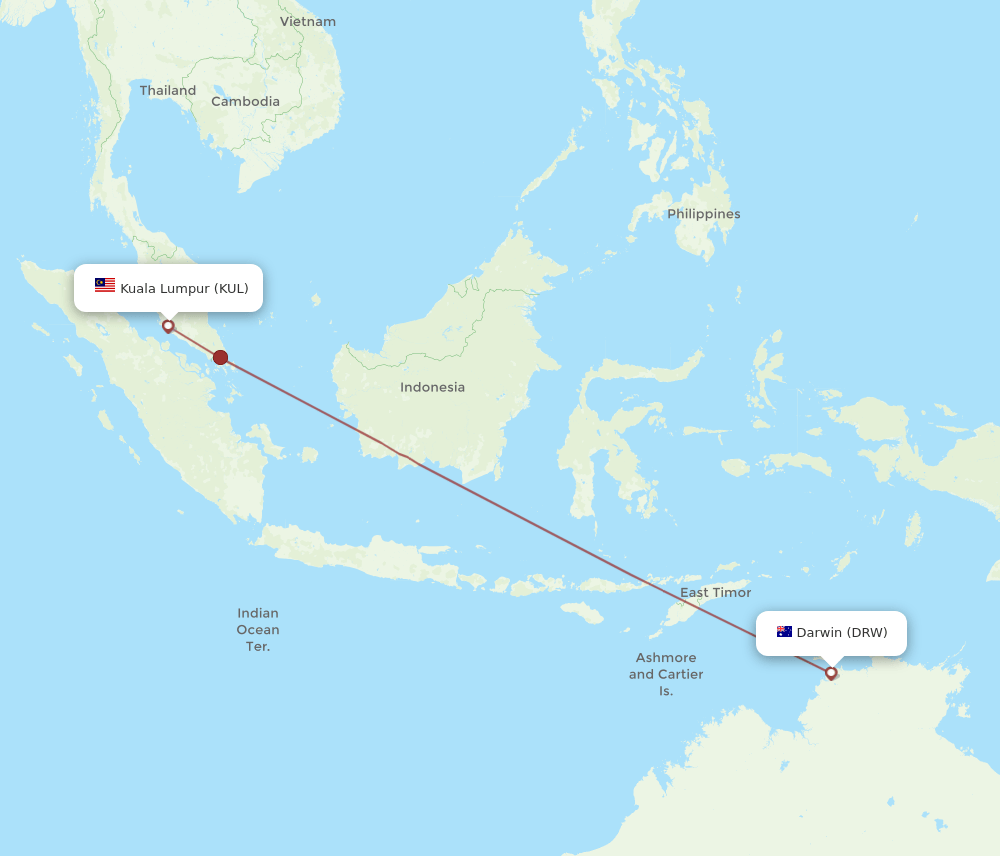 Kuala Lumpur - Darwin route map and flight paths