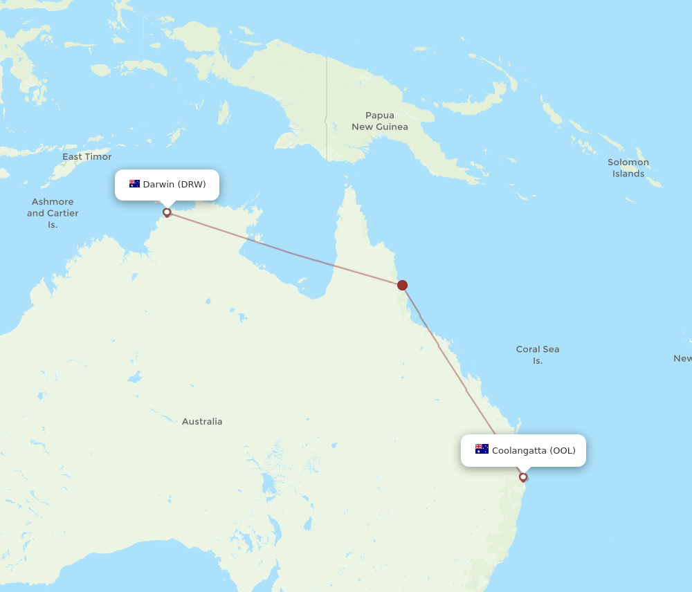 Darwin - Coolangatta (Gold Coast) route map and flight paths