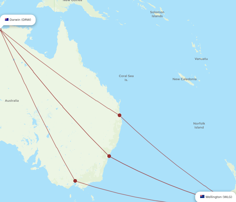 DRW to WLG flights and routes map