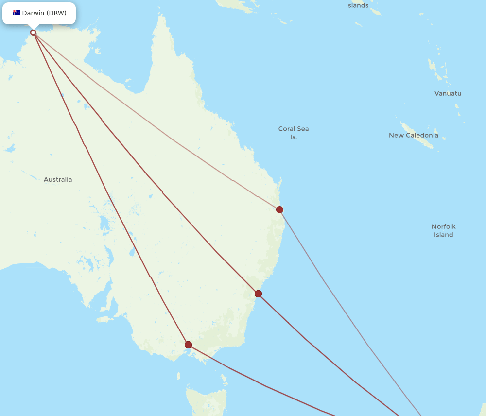 Queenstown - Darwin route map and flight paths
