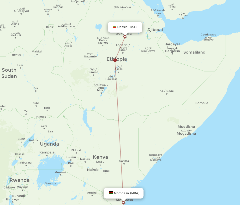 Mombasa - Dessie route map and flight paths