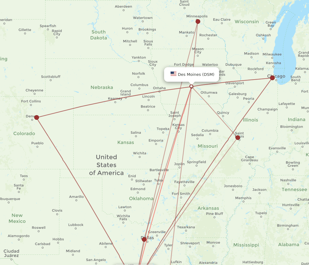 DSM-AUS flight routes