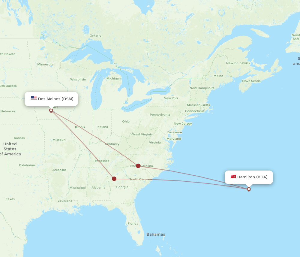 DSM to BDA flights and routes map