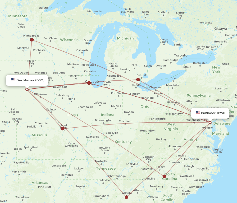 DSM-BWI flight routes