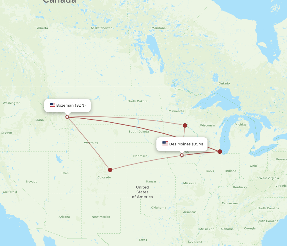 DSM-BZN flight routes