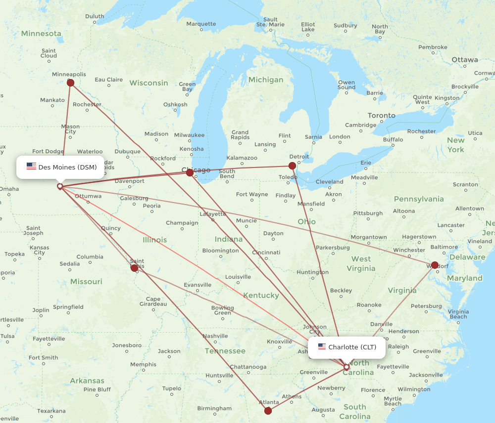 DSM-CLT flight routes