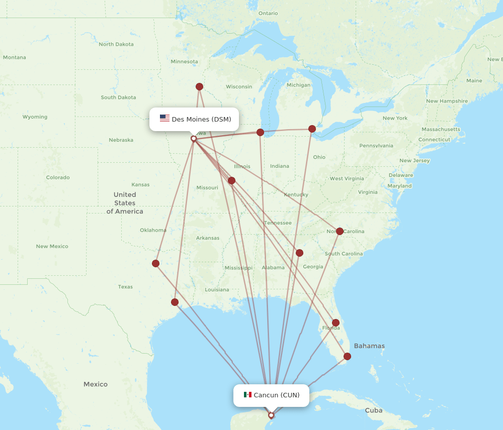 DSM-CUN flight routes