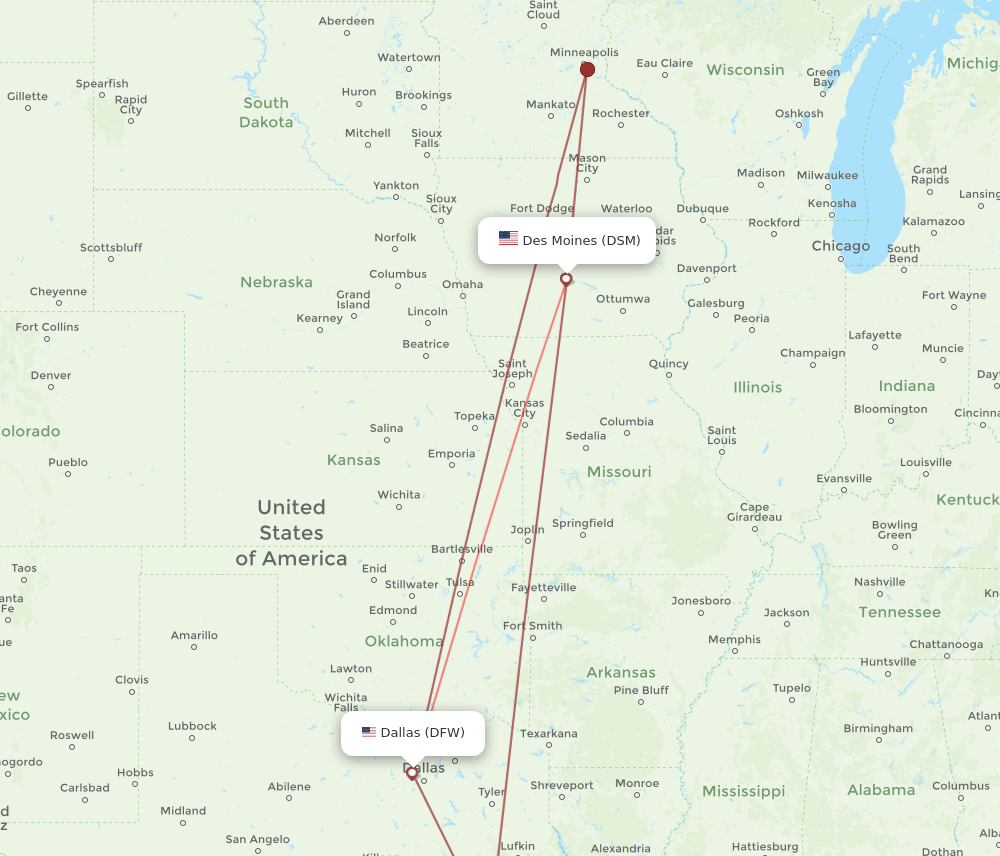 DSM to DFW flights and routes map