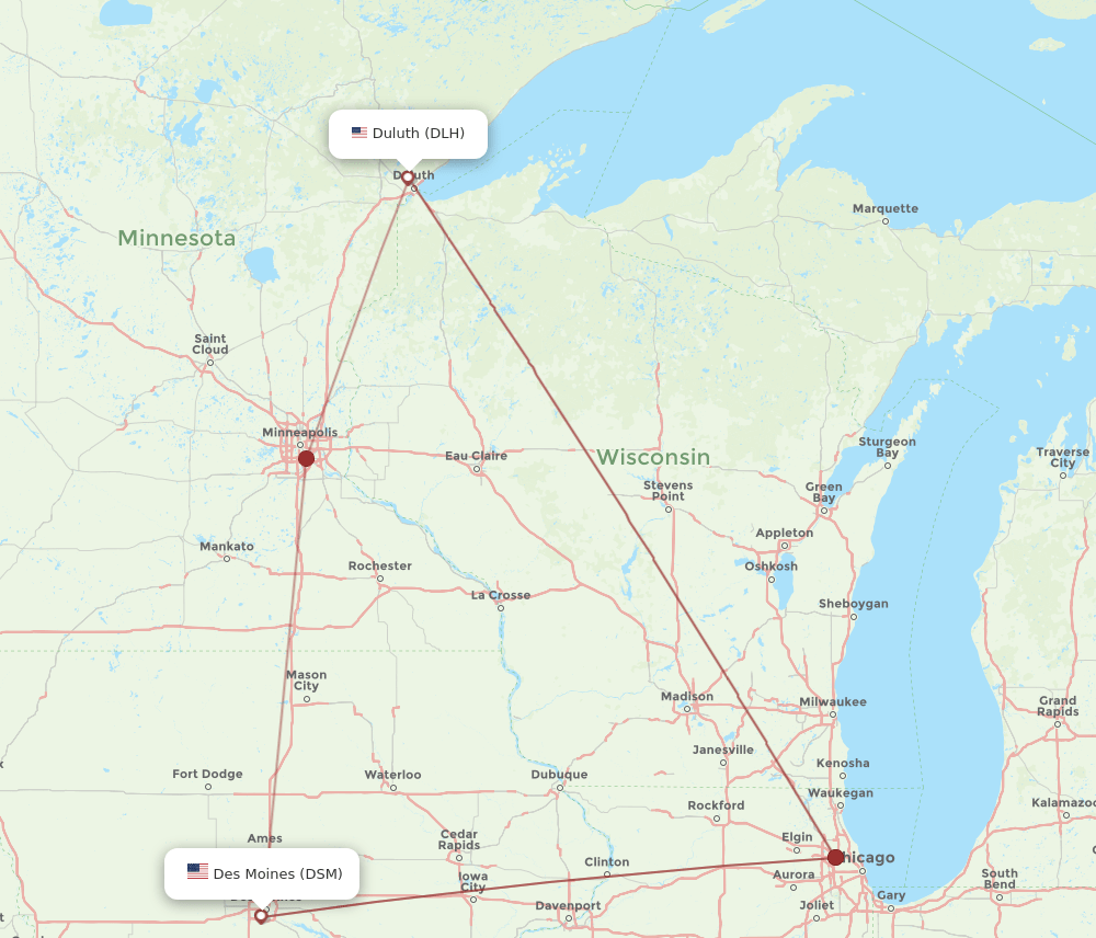 DSM-DLH flight routes